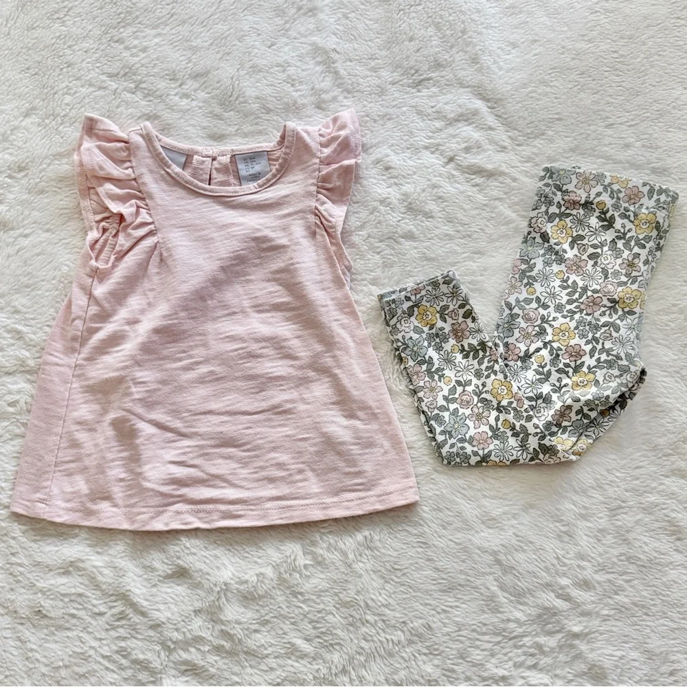 Tahari Kids Flutter Sleeve Top and Floral Leggings Set Pink Green Size 18 Months